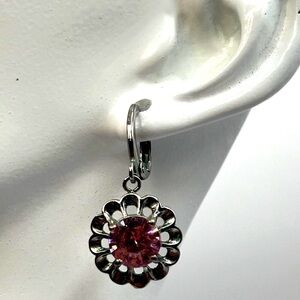 Vintage Floral Sterling Silver Earrings With Pink Faceted Crystals.  N55